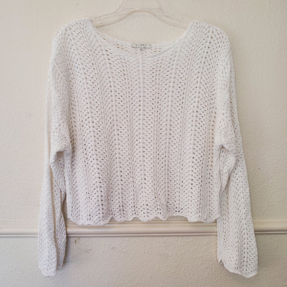 Z Supply Donovan crochet cropped sweater in white. Women's White Knit Sweater